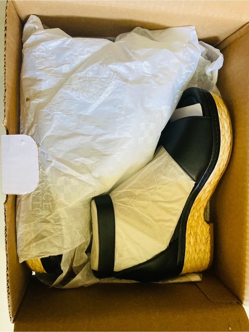 Vince Camuto Black Leather Ankle-Strap Wedge Sandals with Gold Buckles